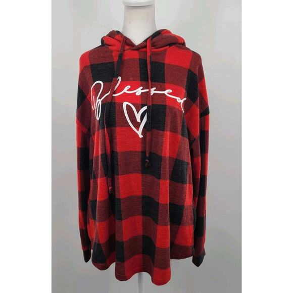 Christmas Holiday Plaid Check Women’s Hoodie Size XL Blessed Print Sherpa Hood - Picture 1 of 11